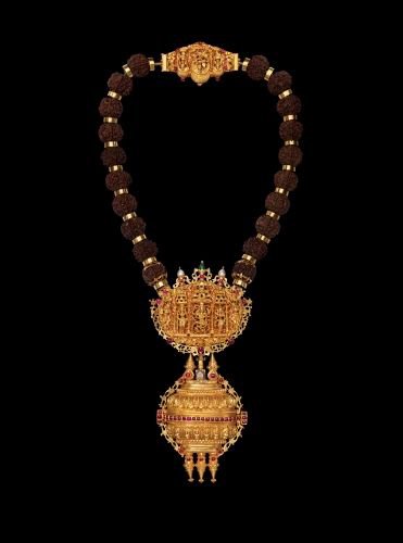 Collier nuptial, Rudraksha rouges, or ciselé, pierres précieuses, Rajasthan XVIII e.